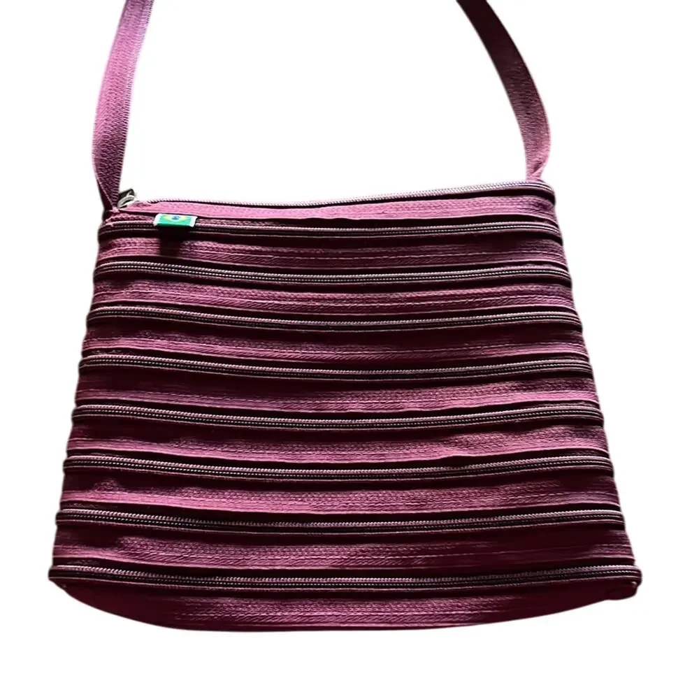 Maroon Continuous Zipper Crossbody Bag Purse with Brazilian Flag Tag
